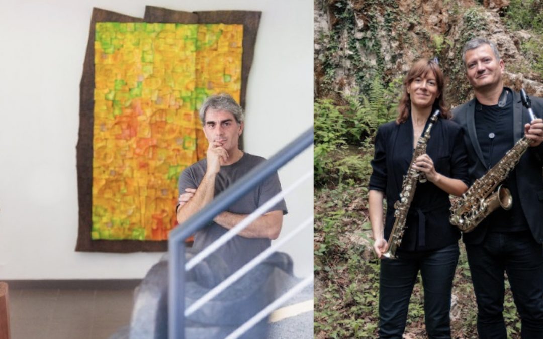 Foto de Gotzon Hegun y su exposición y de Judith Montero y Roberto Pacheco con sus saxos